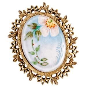 Vintage Mid Century Hand Painted Porcelain Floral Brooch Gold Tone Openwork Oval